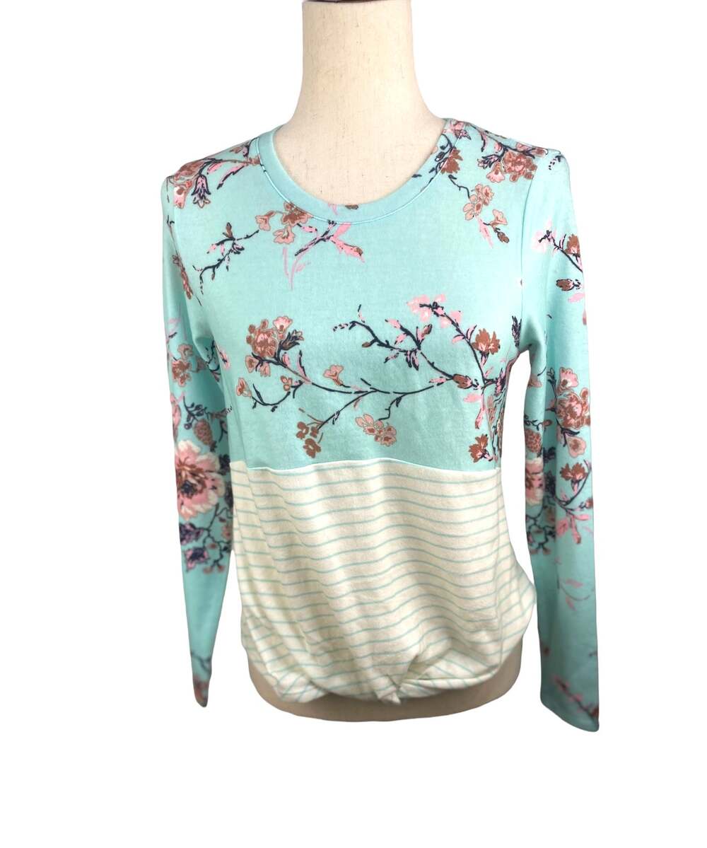 NEW NWT Eyeshadow Super Soft Floral & Striped Aqua Twist Front Top Size XS